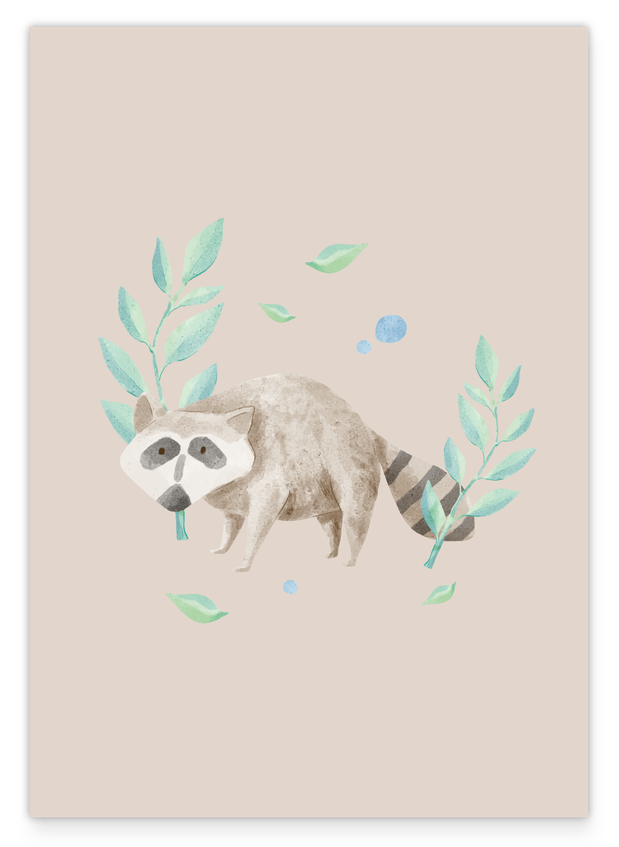 Raccoon in the forest, watercolor drawing, cute illustration, home decoration