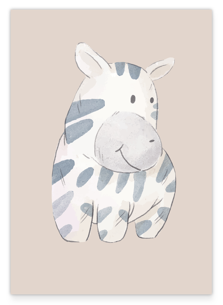 Smiling Zebra, Wall Decoration for Children & Babies in Beige, Watercolor Art