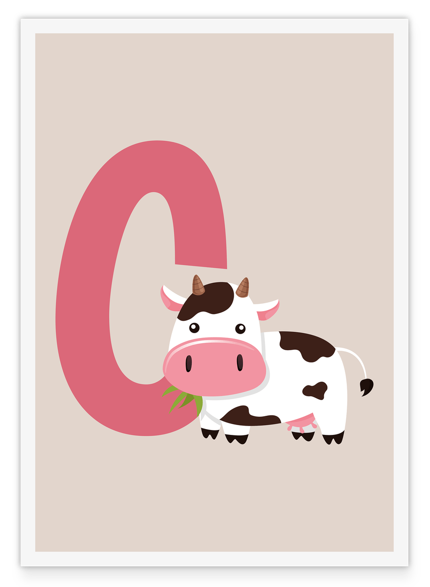 C is for Cow, ABC Learning English, Children's Letter Decoration in Beige with White Border