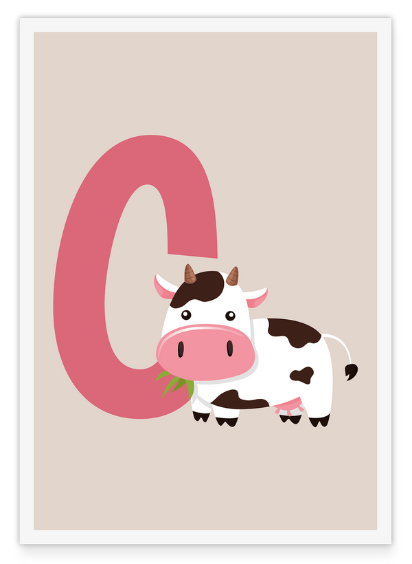 C wie Cow, ABC Lernen Englisch, Kinder Buchstaben Dekoration in Beige mit weißem Rand