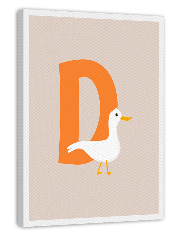 D wie Duck, Süße Ente, Englisches ABC Lernen mit Kinder Wanddekoration in Beige mit weißem Rand