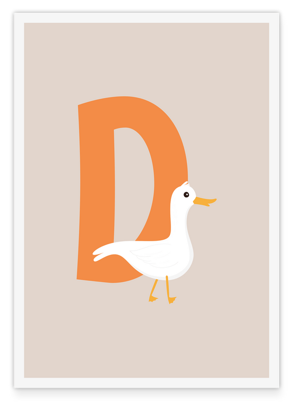 D wie Duck, Süße Ente, Englisches ABC Lernen mit Kinder Wanddekoration in Beige mit weißem Rand