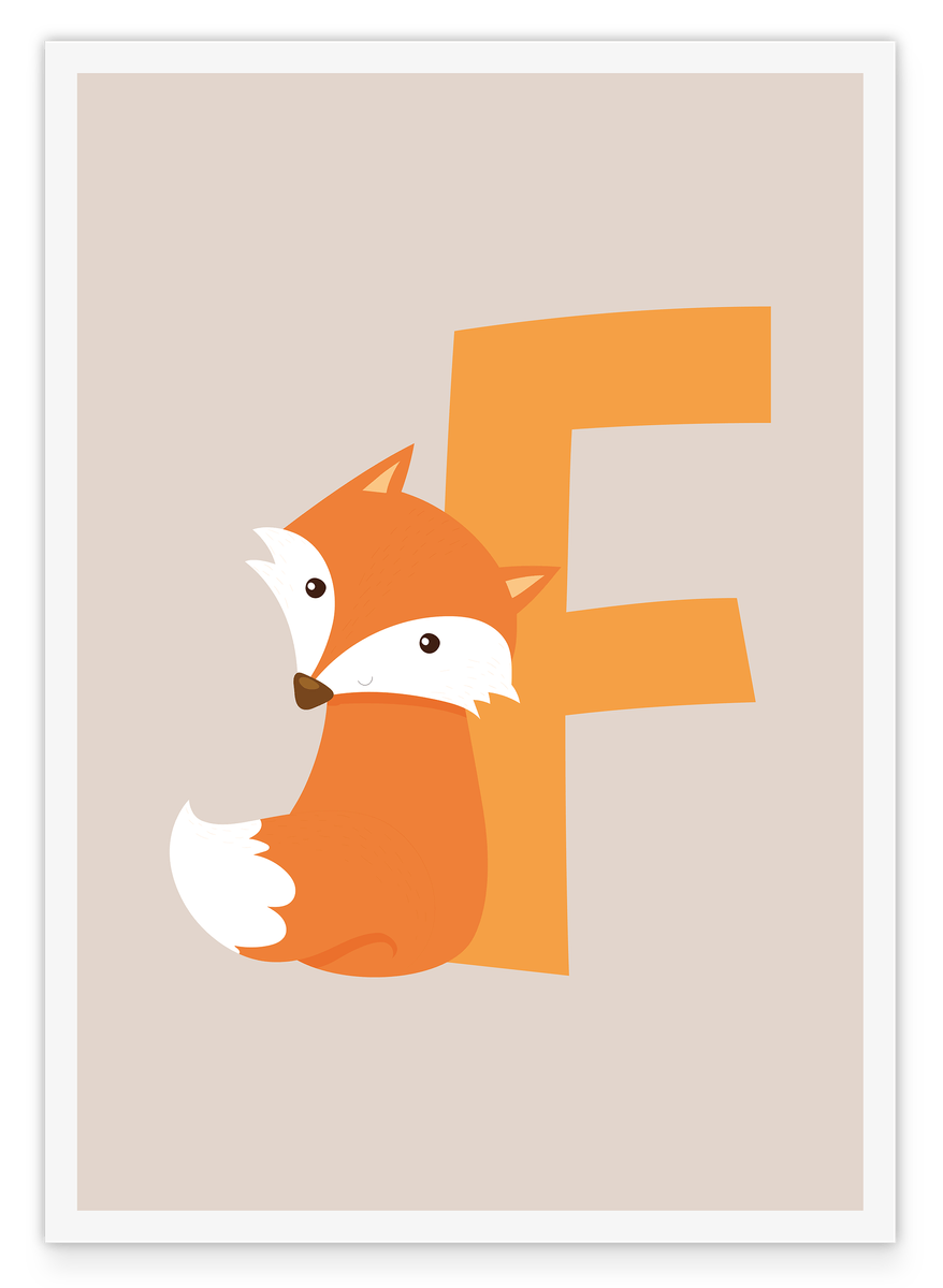 F is for Fox, ABC Learning, Letter for Name, Watercolor Illustration, Decoration for Children