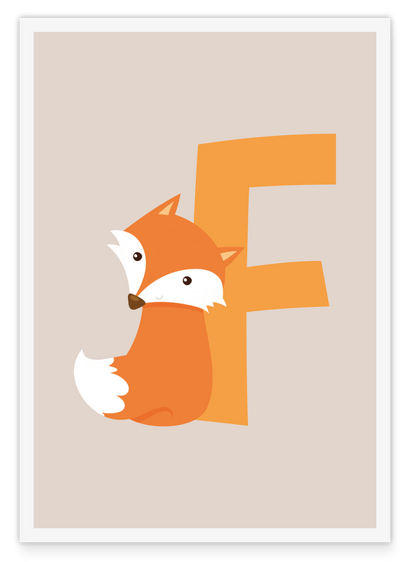 F wie Fuchs, ABC Lernen, Buchstabe für Name, Wasserfarben-Illustration, Dekoration für Kinder