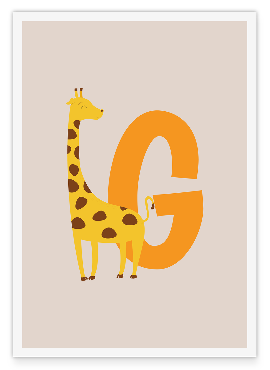 Children's room decor in beige - G for Giraffe, ABC letters for names, drawing with white border