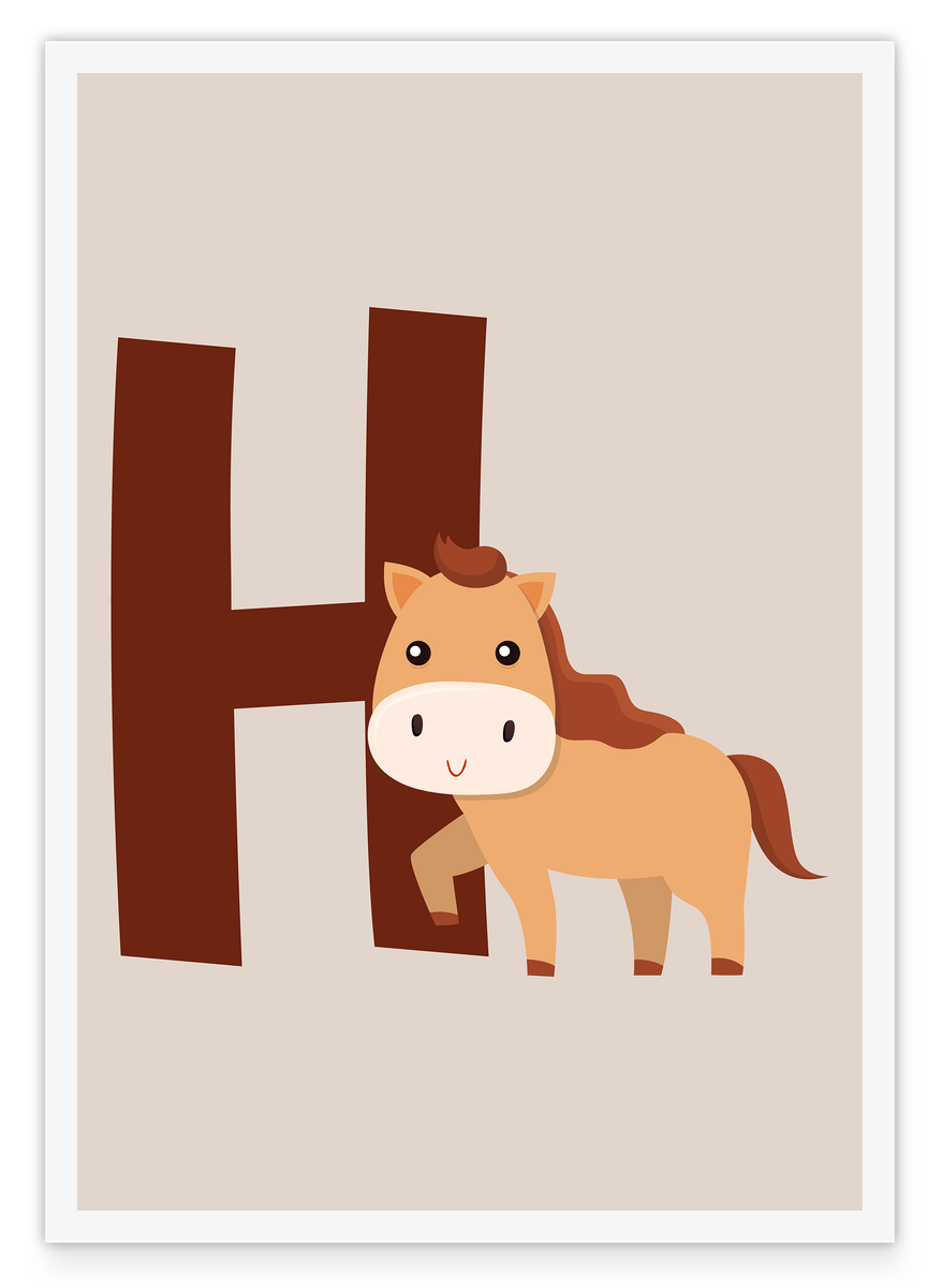 H is for Horse, Cute horse illustration in beige with white border - children's room decoration