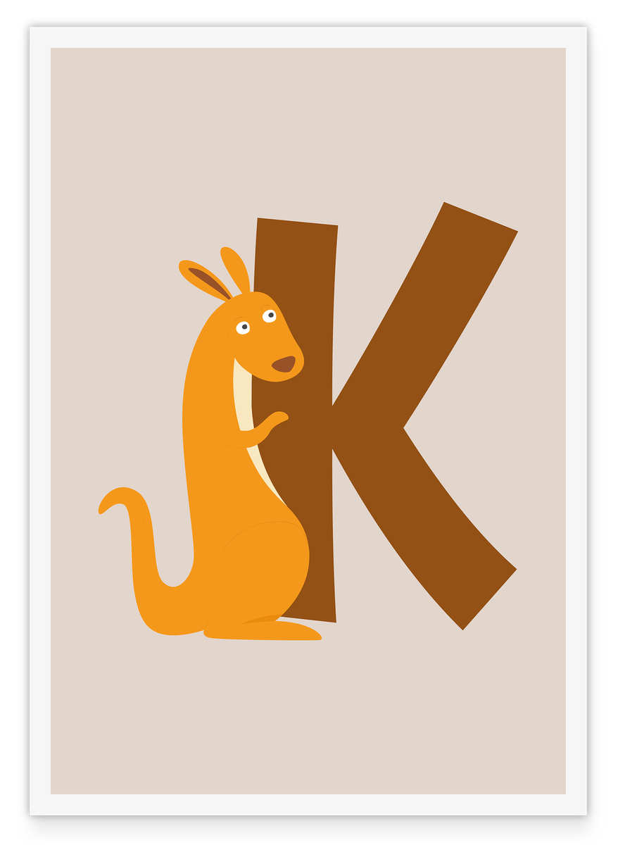 K is for Kangaroo, ABC Learning, Cute Illustration, Letter for Name, Home Decoration