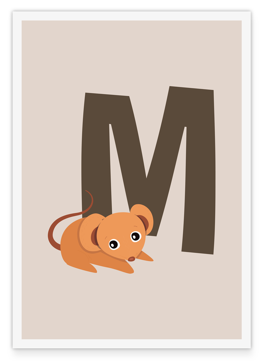 Children's illustration M for Mouse, name & letter children's room decoration in beige with white border