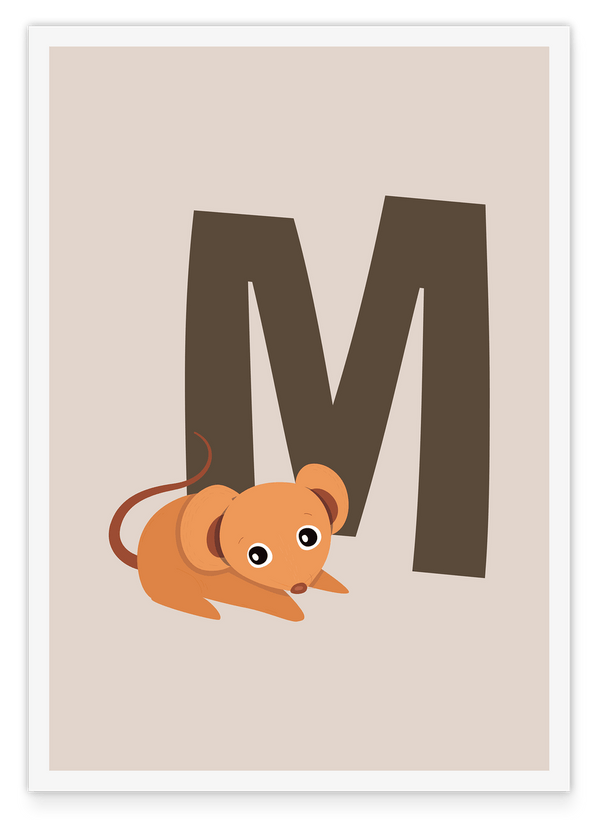 Kinder Illustration M wie Maus, Namen- & Buchstaben Kinderzimmerdeko in Beige mit weißem Rand