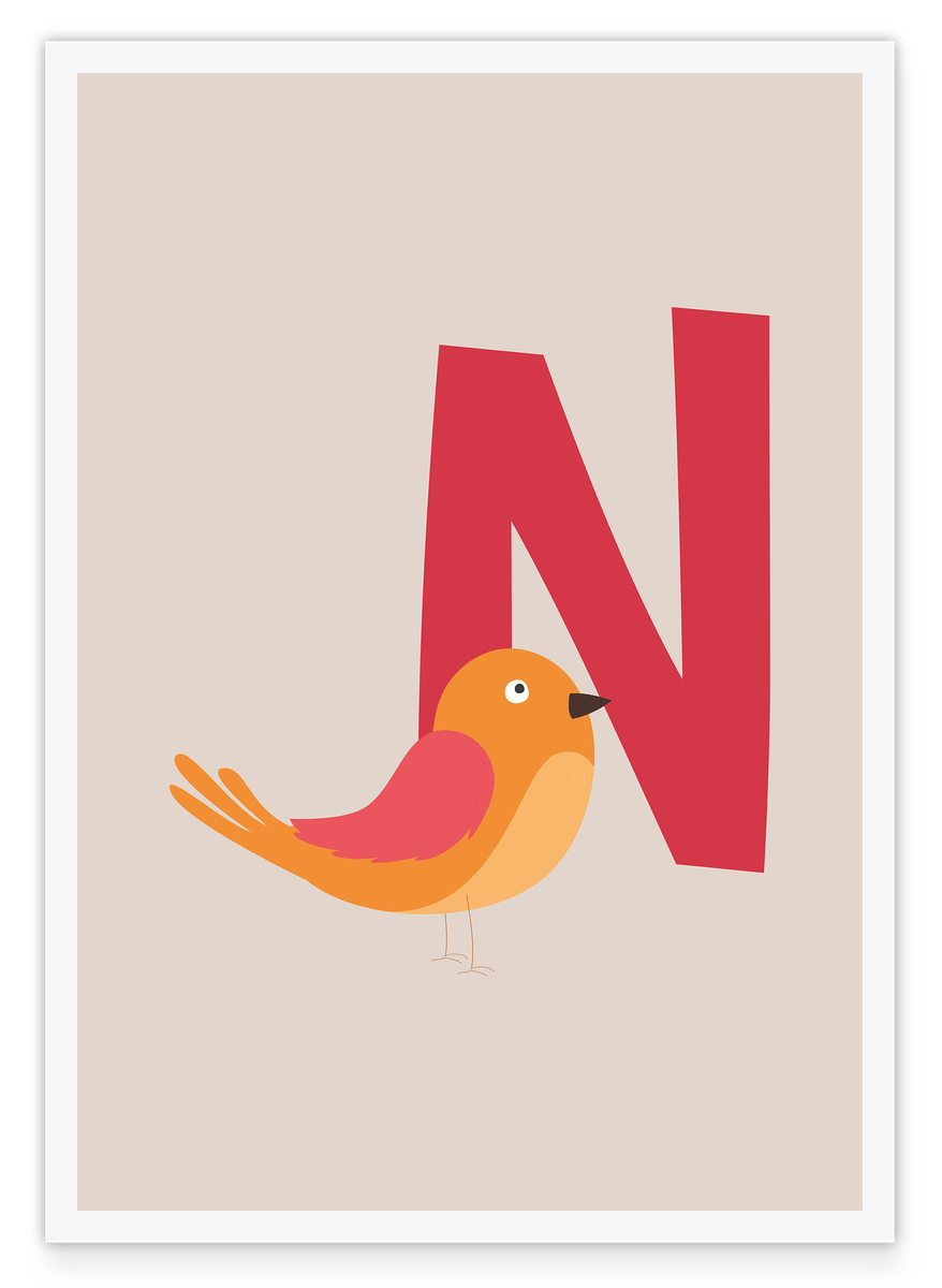 N is for Nightingale, Learning ABC, Cute children's room decor in beige with white border