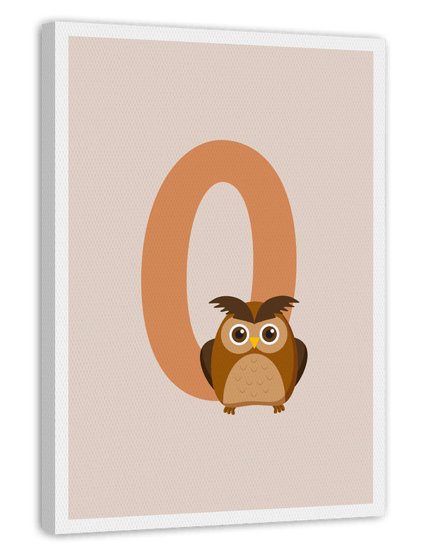 O wie Owl, Kinder Illustration in Beige mit weißem Rand - Eulen Kunstdruck, Englische Buchstaben für Namen