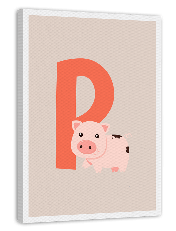 P wie Pig, Englisches ABC Lernen, Süße Schwein Zeichnung für Kinder auf Beige mit weißem Rand
