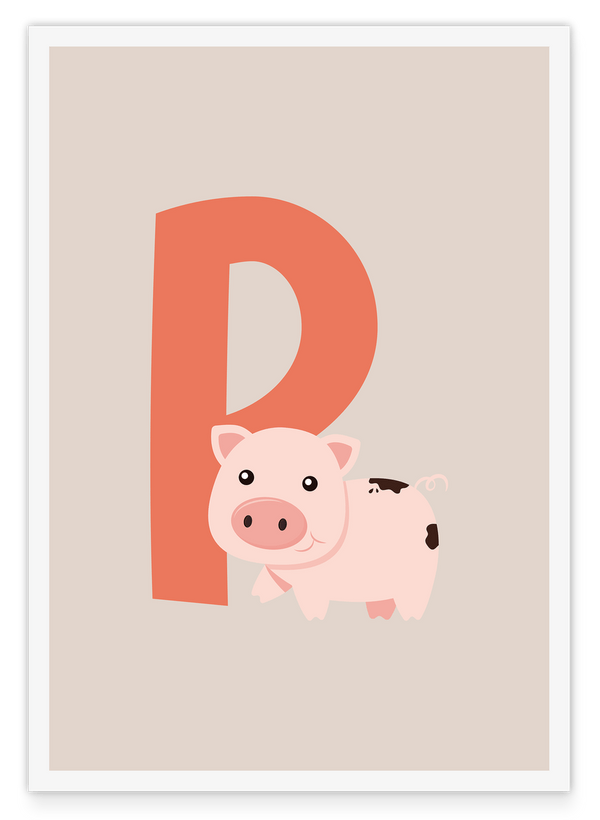 P wie Pig, Englisches ABC Lernen, Süße Schwein Zeichnung für Kinder auf Beige mit weißem Rand