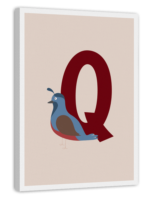 Q wie Quail, Wachtel, Englisches ABC Lernen, Süße Vogel Illustration in Beige mit weißem Rand, Buchstabe für Name