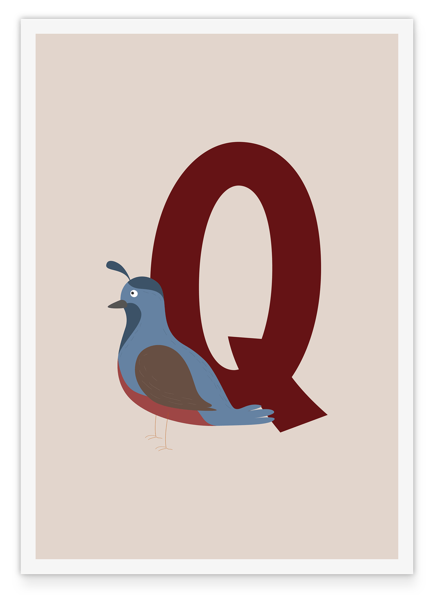 Q is for Quail, English ABC Learning, Cute Bird Illustration in Beige with White Border, Letter for Name