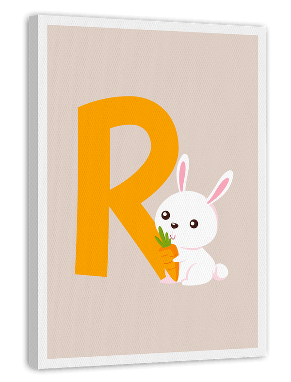 Buchstabe R wie Rabbit, Hase Kinderzimmer Wanddekoration in Beige mit weißem Rand, Englisches ABC Lernen