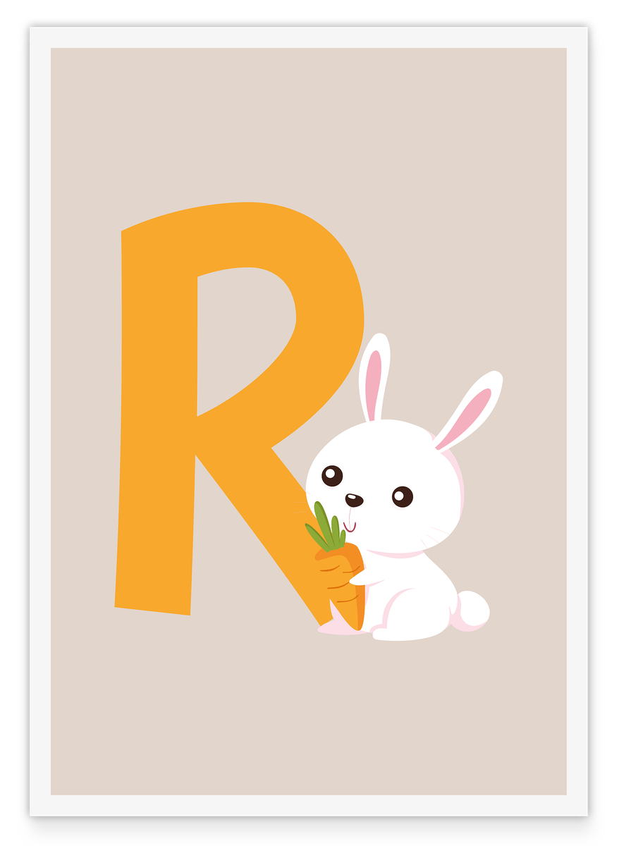 Letter R as in Rabbit, children's room wall decoration in beige with white border, English ABC learning