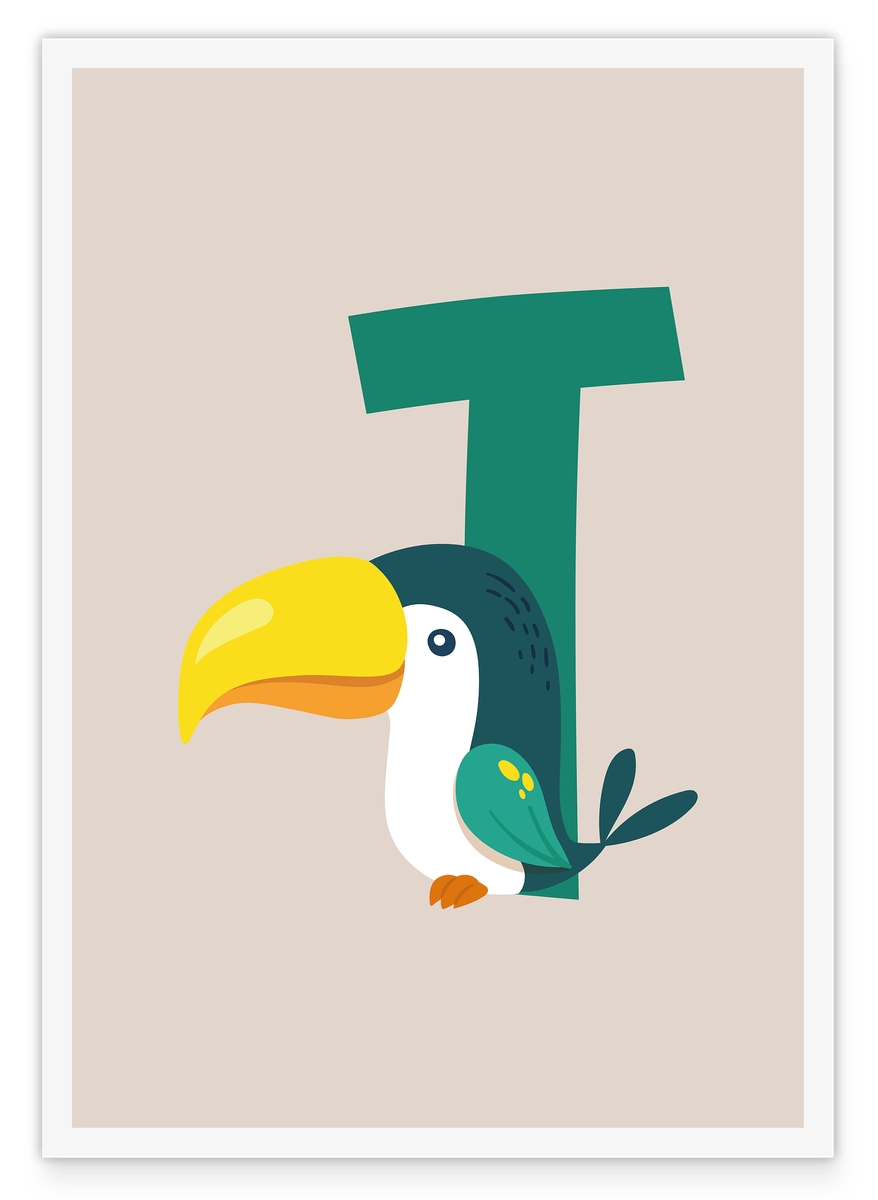 T is for Toucan, letter for name, ABC learning, cute drawing for children, home decoration