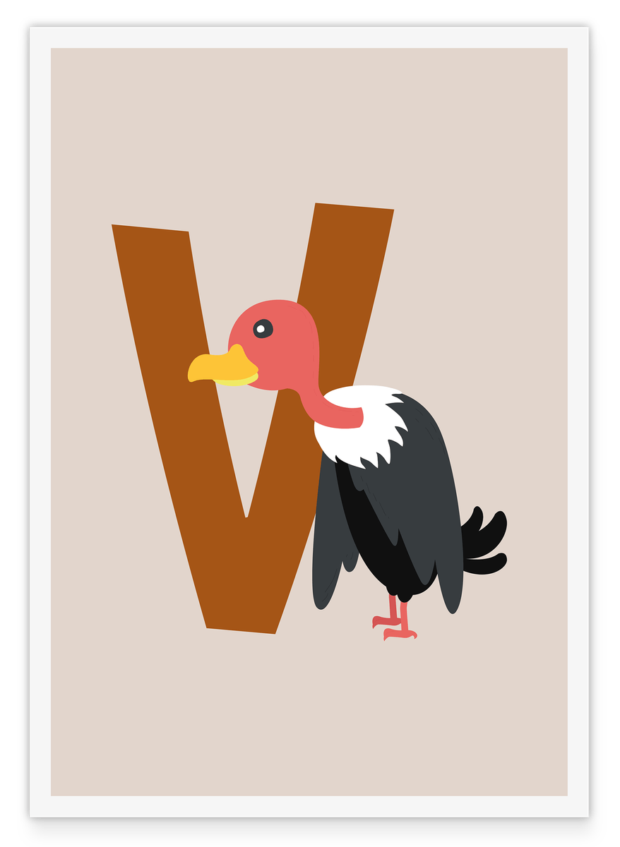 V for Vulture, Cute Vulture, English ABC Learning, Letter for Name, Beige Wall Decoration with White Border