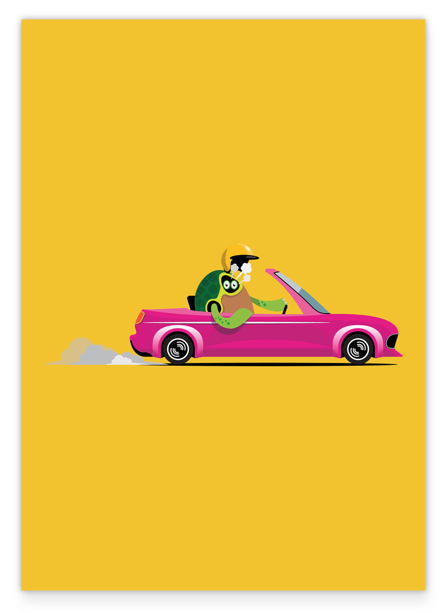 Sasha the Turtle, Funny Drawing, Car Racing in a Convertible, Colorful Home Decoration