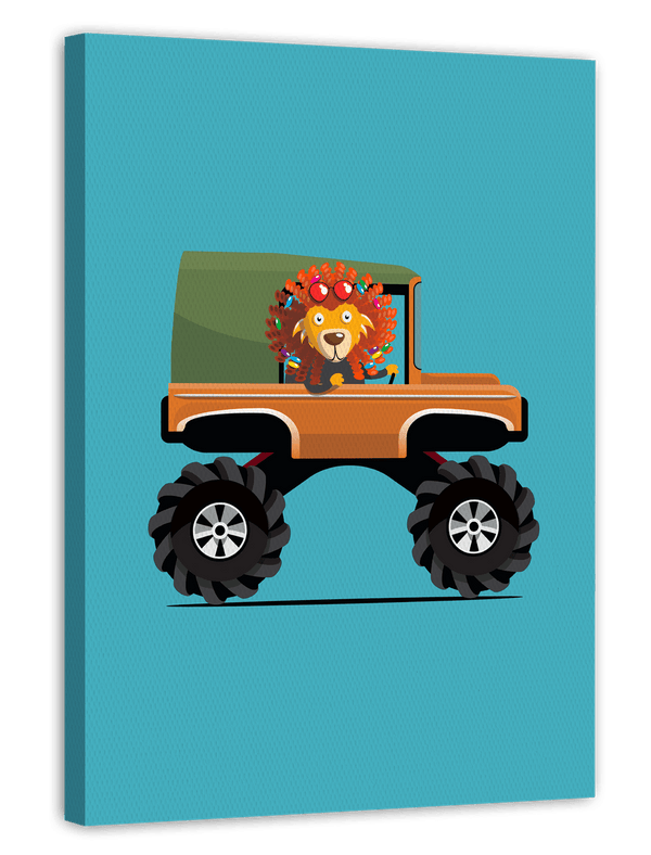 Lara Löwe, Monstertruck, Bunte Zeichnung, Auto-Illustration, Lustige Dekoration für Zuhause
