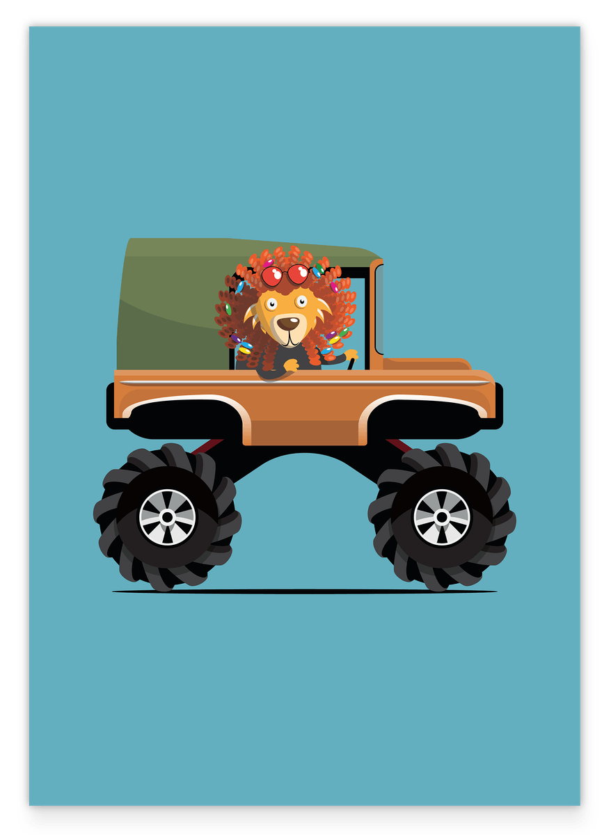 Lara the Lion, Monster Truck, Colorful Drawing, Car Illustration, Fun Home Decoration