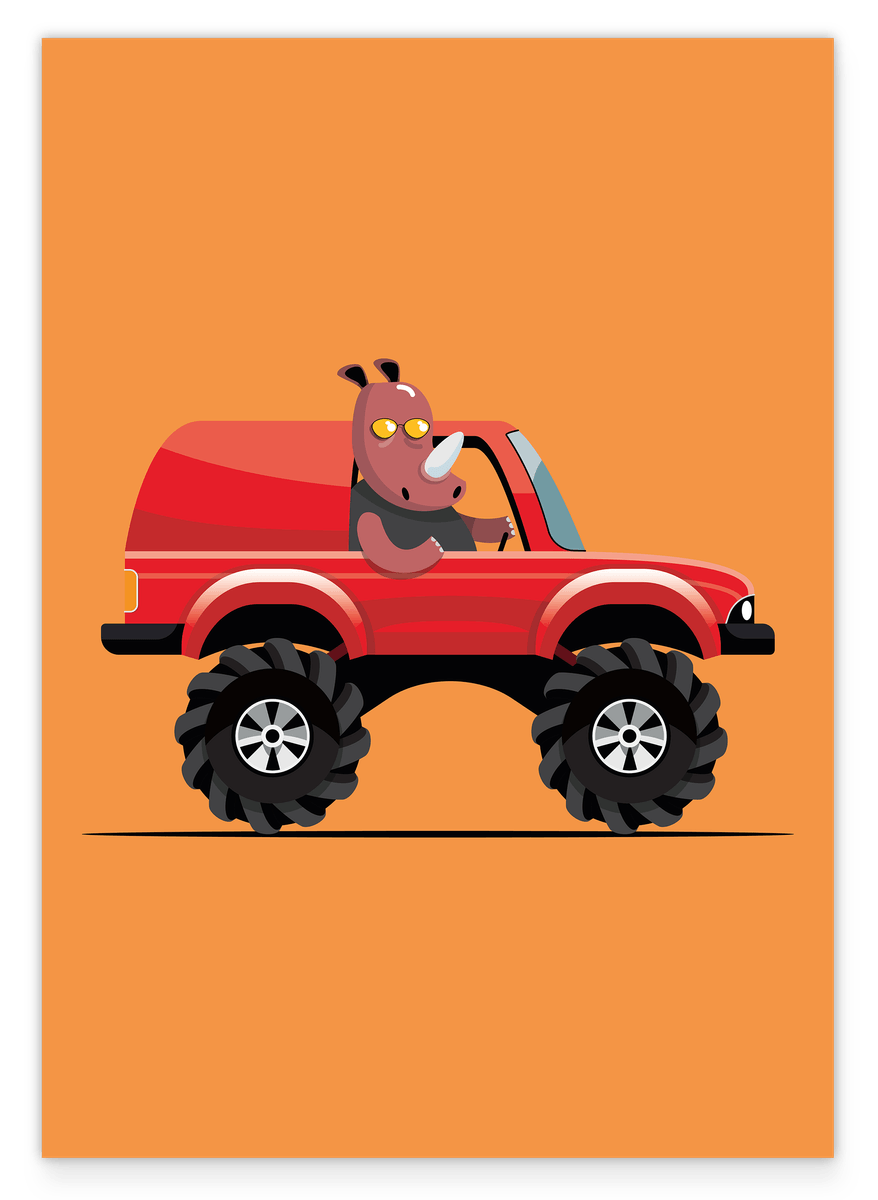 Nora the Rhino, Colorful Drawing, Monster Truck, Car Illustration, Fun Decoration for Children