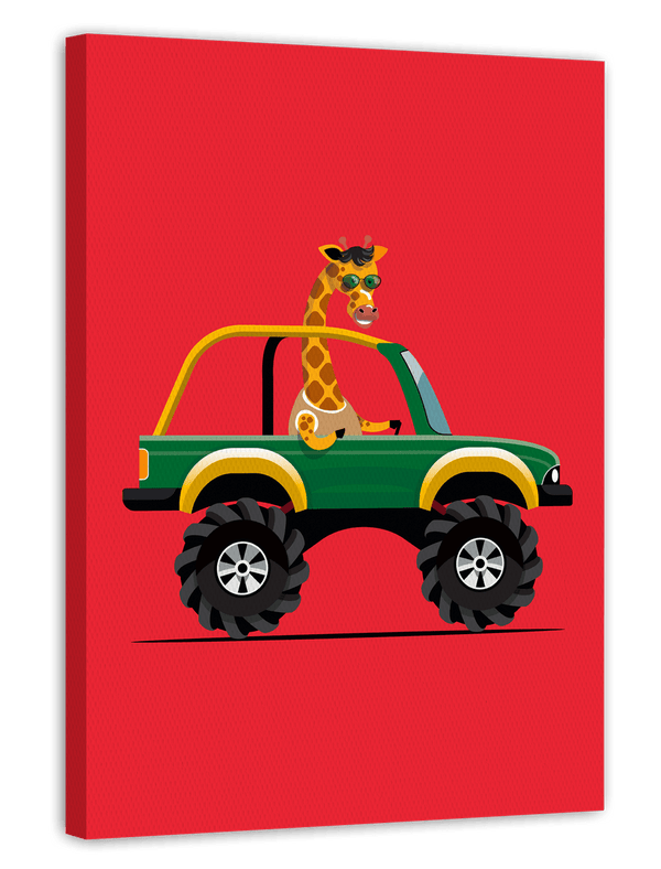 Gilbert Giraffe, Auto-Zeichnung, Bunte Illustration, Monstertruck-Auto, Lustige Deko für Zuhause