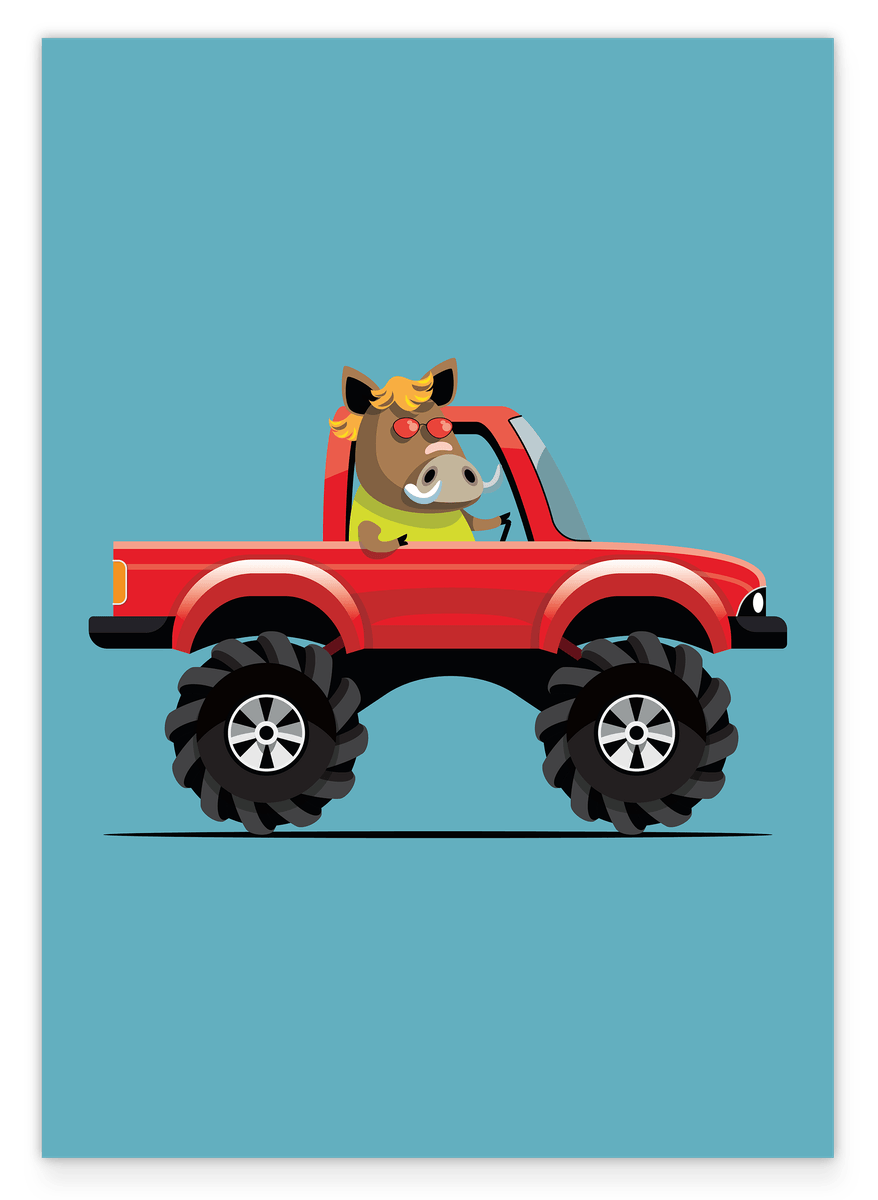 Willi the Wild Boar, Colorful Car, Monster Truck, Funny Drawing for Children, Home Decoration