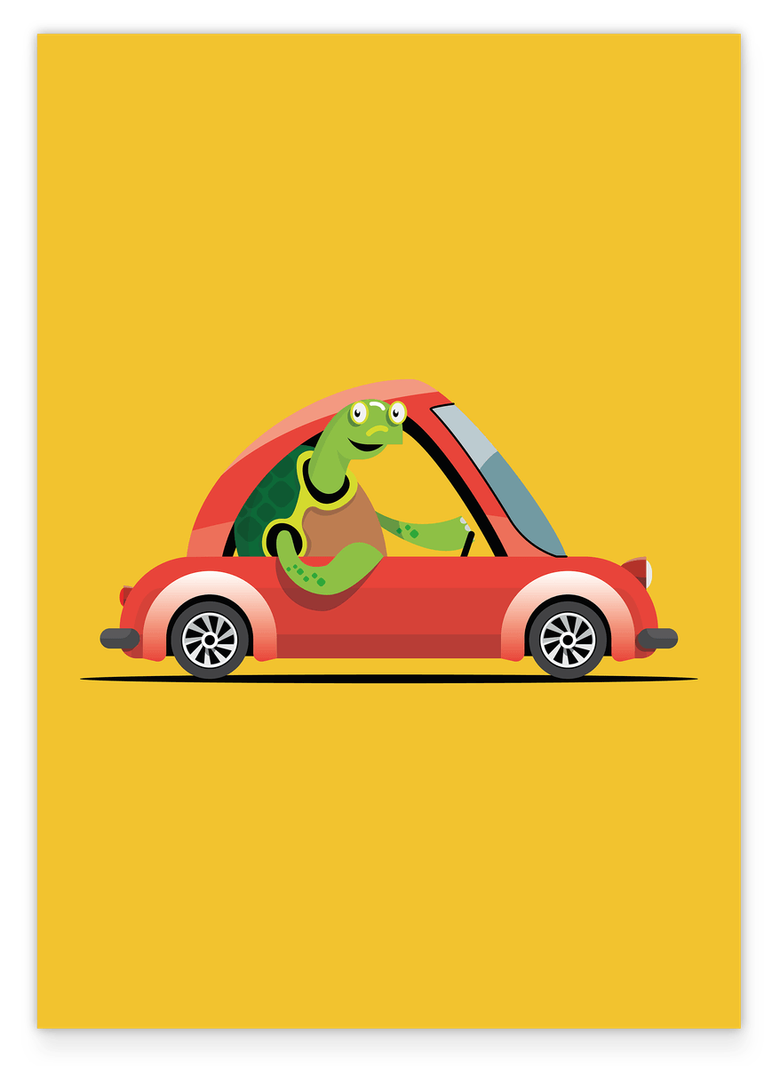 Sandra the Turtle, Colorful Car Drawing, Illustration for Children, Cute Home Decoration