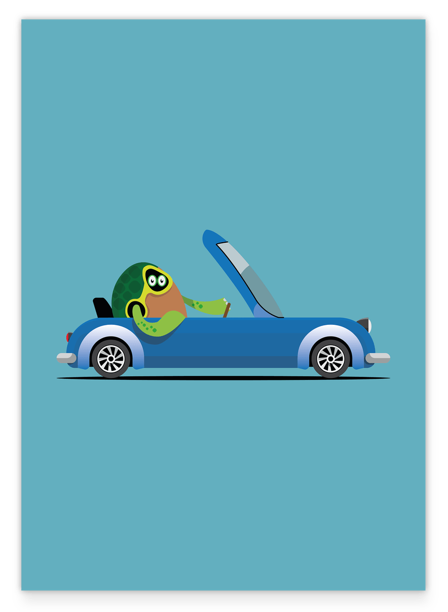 Simone the Turtle, Funny Illustration, Car Drawing, Cute Home Decoration