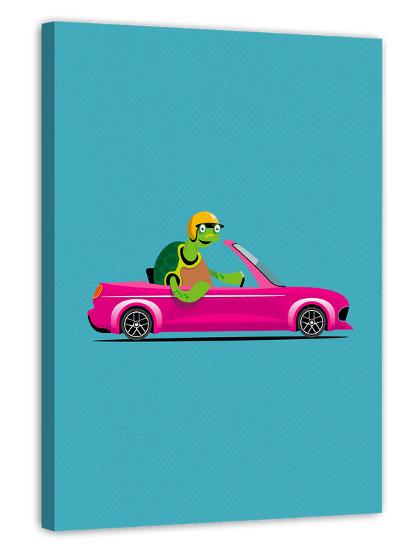Sebastian Schildkröte, Rennauto, Süße Zeichnung, Illustration für Kinder, Bunte Deko für Zuhause