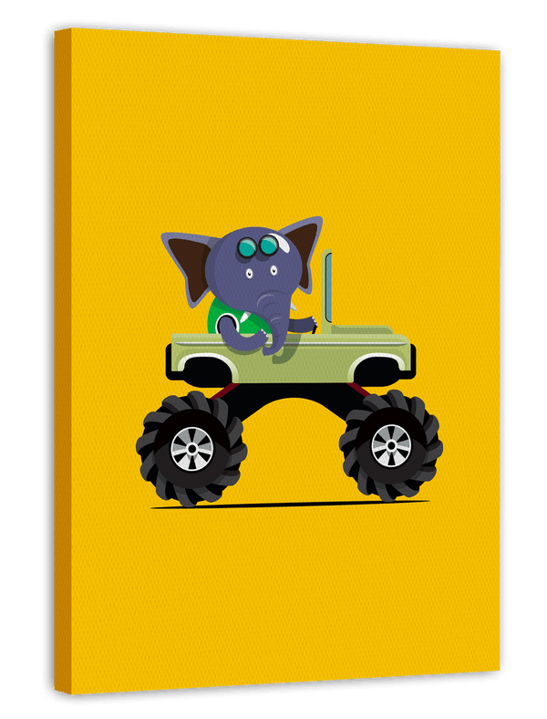Emil Elefant, Auto-Zeichnung, Monstertruck, Lustige Illustration für Kinder, Bunte Dekoration für Zuhause