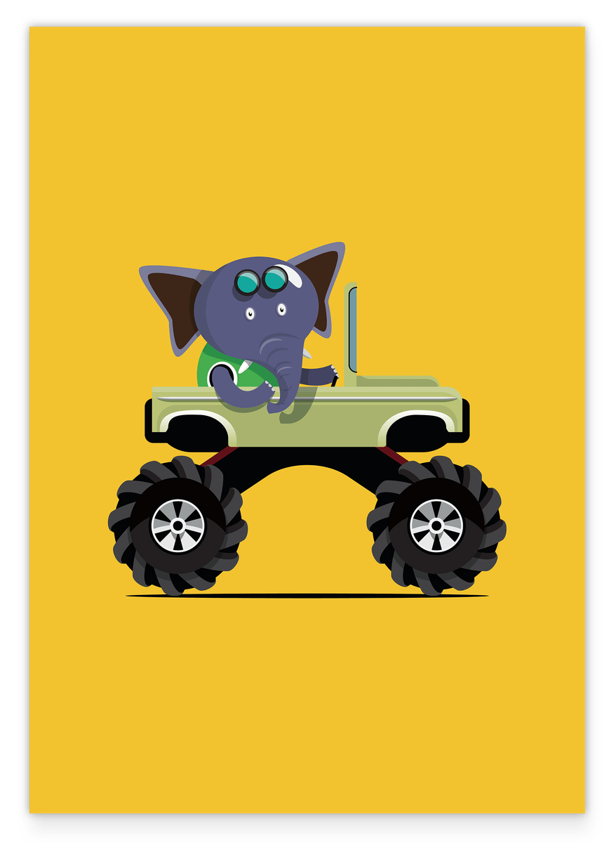 Emil Elephant, Car Drawing, Monster Truck, Funny Illustration for Children, Colorful Decoration for Home