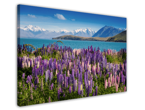 Blumenwiese in blauer Bergsee-Landschaft