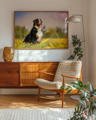 After Hover: Bernersennen-Hund in Blumenwiese
