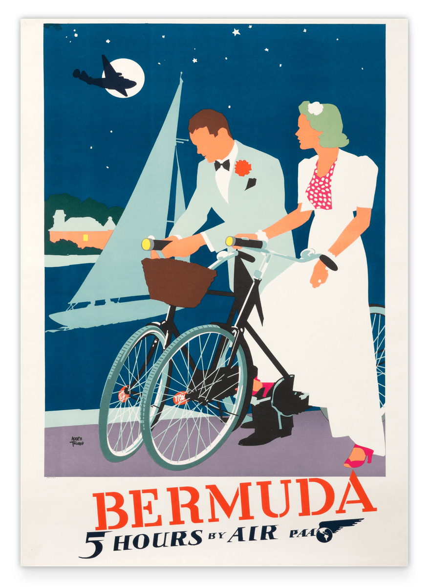 Pierre Fix-Masseau - Bermuda Art Deco advertising poster - Couple with bicycle