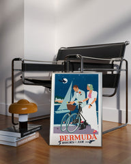 After Hover: Pierre Fix-Masseau - Bermuda Art Deco advertising poster - Couple with bicycle