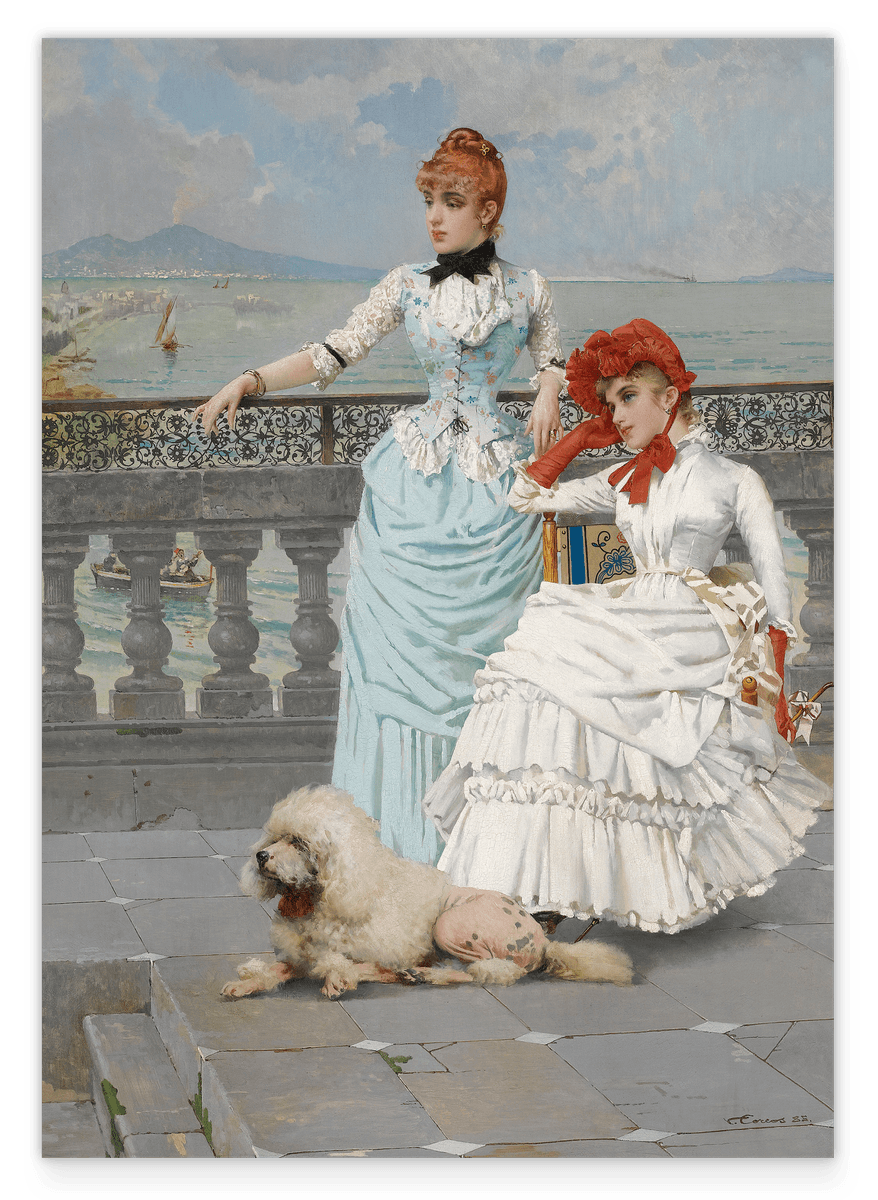 Vittorio Matteo Corcos - Two women in elegant dresses with a dog by the water