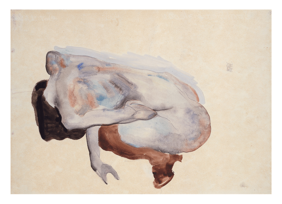 Egon Schiele - Hockende Frau in Stöckeln und schwarzen Kniestrümpfen