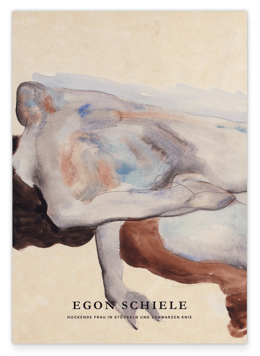 Egon Schiele - Museum-Poster II Hockende nackte Frau in Stöckeln und schwarzen Kniestrümpfen