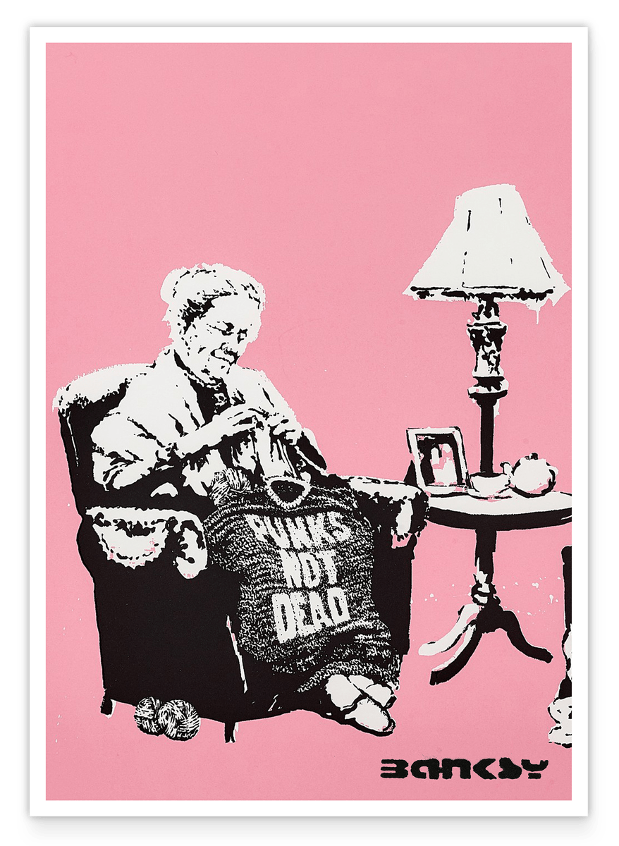 Banksy - Museum-Poster Oma strickt Pullover mit Aufschrift: 