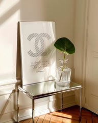 After Hover: Fashion - Coco Chanel quote with white pinstripe fabric