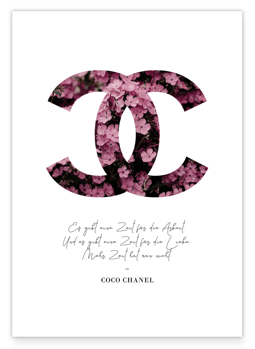 Fashion logo with pink flowers - quote by Coco Chanel in German