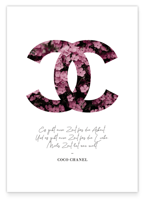 Fashion logo with pink flowers - quote by Coco Chanel in German