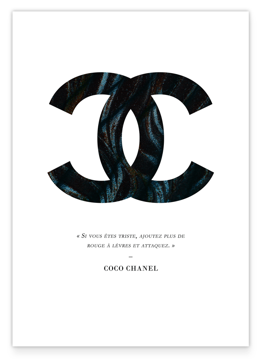 Coco Chanel logo with dark pattern and quote