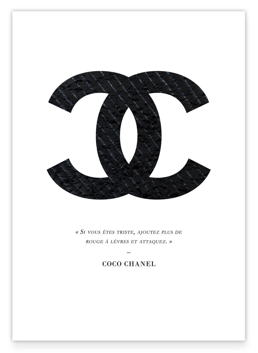 Coco Chanel logo with dark pinstripes - quote from the fashion icon