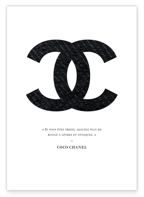 Coco Chanel logo with dark pinstripes - quote from the fashion icon