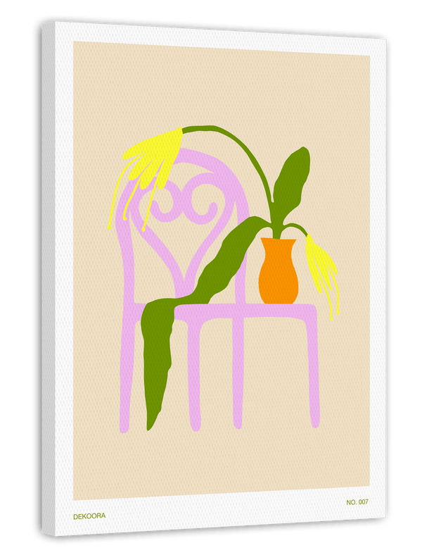 Boho Blumenvase auf rosa Stuhl