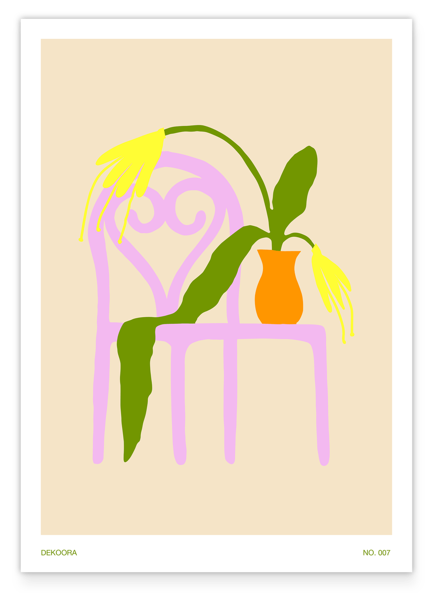 Boho Blumenvase auf rosa Stuhl